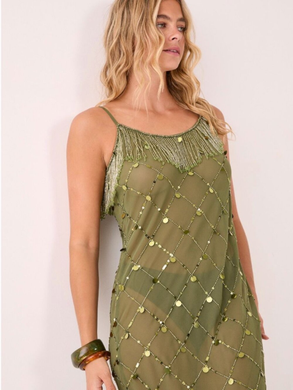 NWT Nasty Gal Women's Coin and Tassel Embellished Maxi Dress olive green - Picture 4 of 4